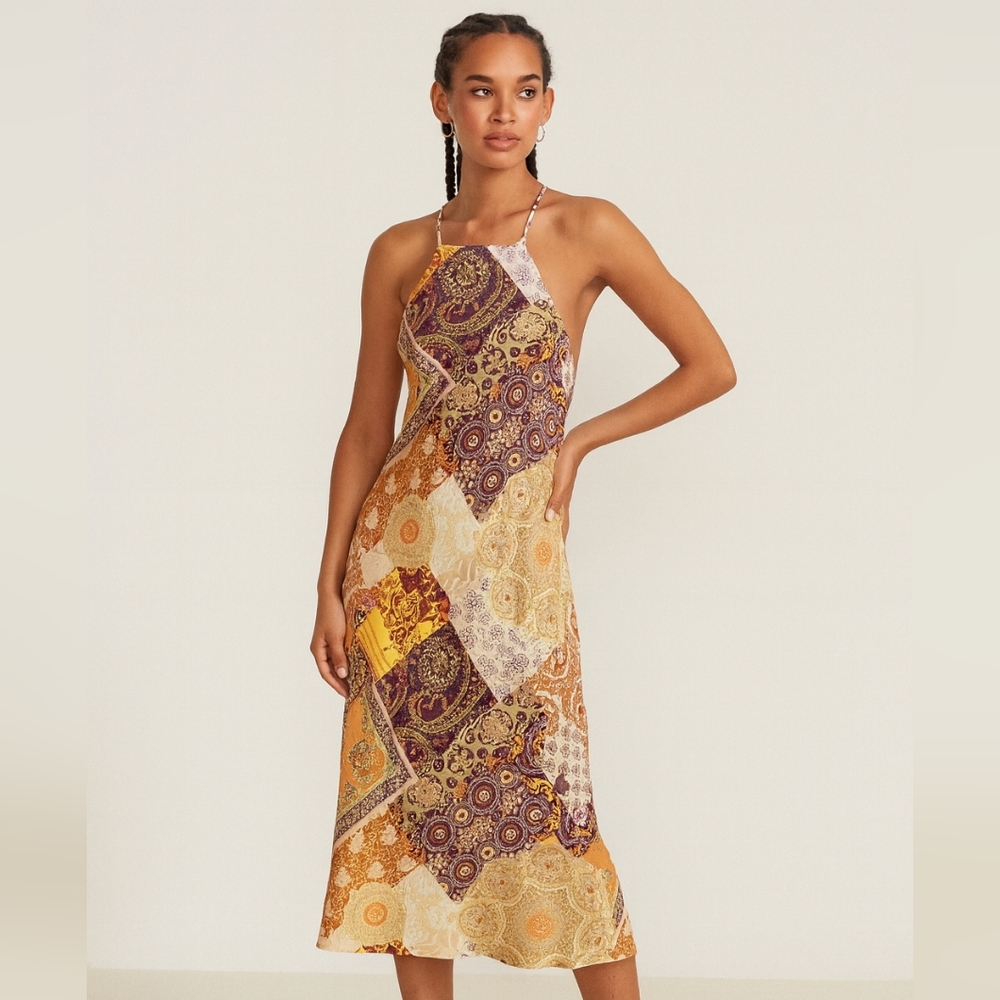 Vici‎ Women's Patchwork Midi Dress Size M Silky Boho Hippie Fairy Scarf Print - Picture 13 of 13